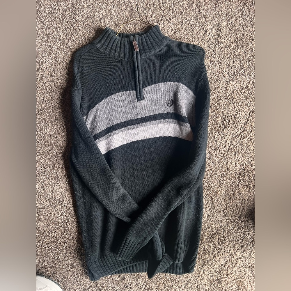 Chaps Men's Dark Charcoal Zip-Up Sweater with Light Gray Stripes